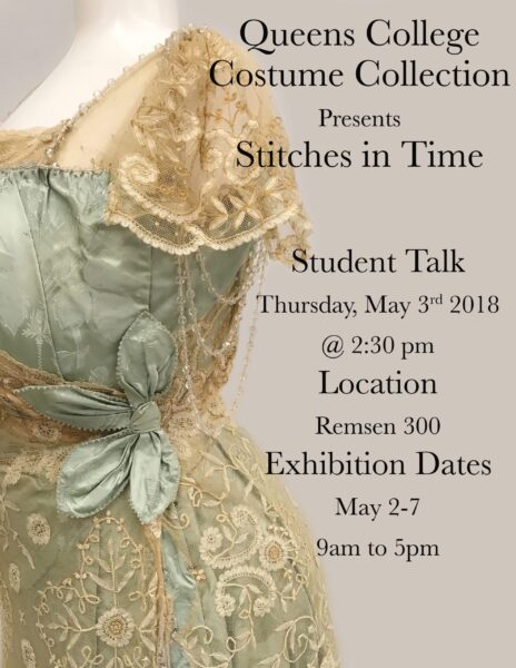 An exhibit detailing place, date, and time, with a early 1900s silk dress with lace and beading.
