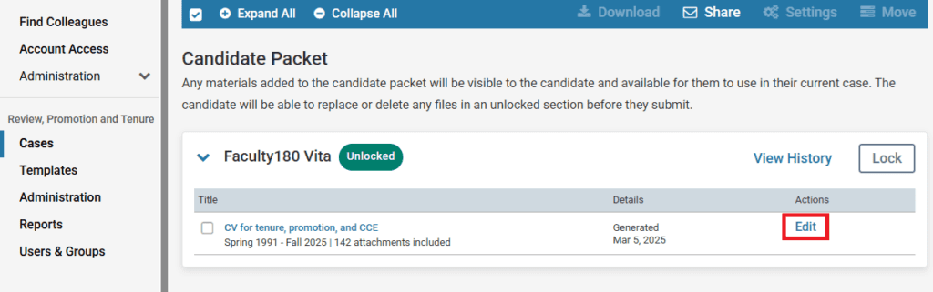 Screenshot of CV edit link