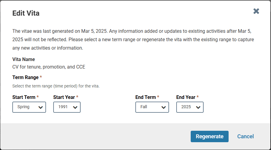 Screenshot of regenerate CV screen.