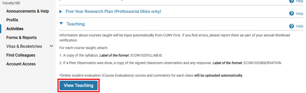 Screenshot of View Teaching button