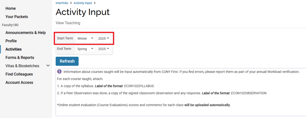 Screenshot of View Teaching term range