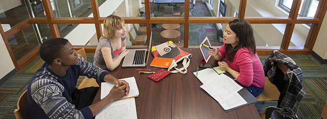 Three people having a conversation while sitting at a table.