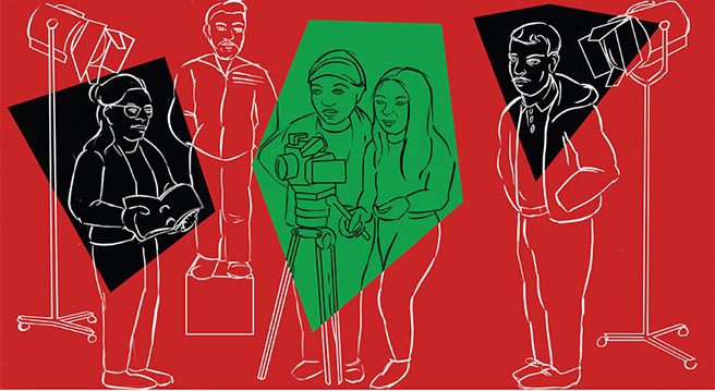 A stylistic illustration of a film crew.