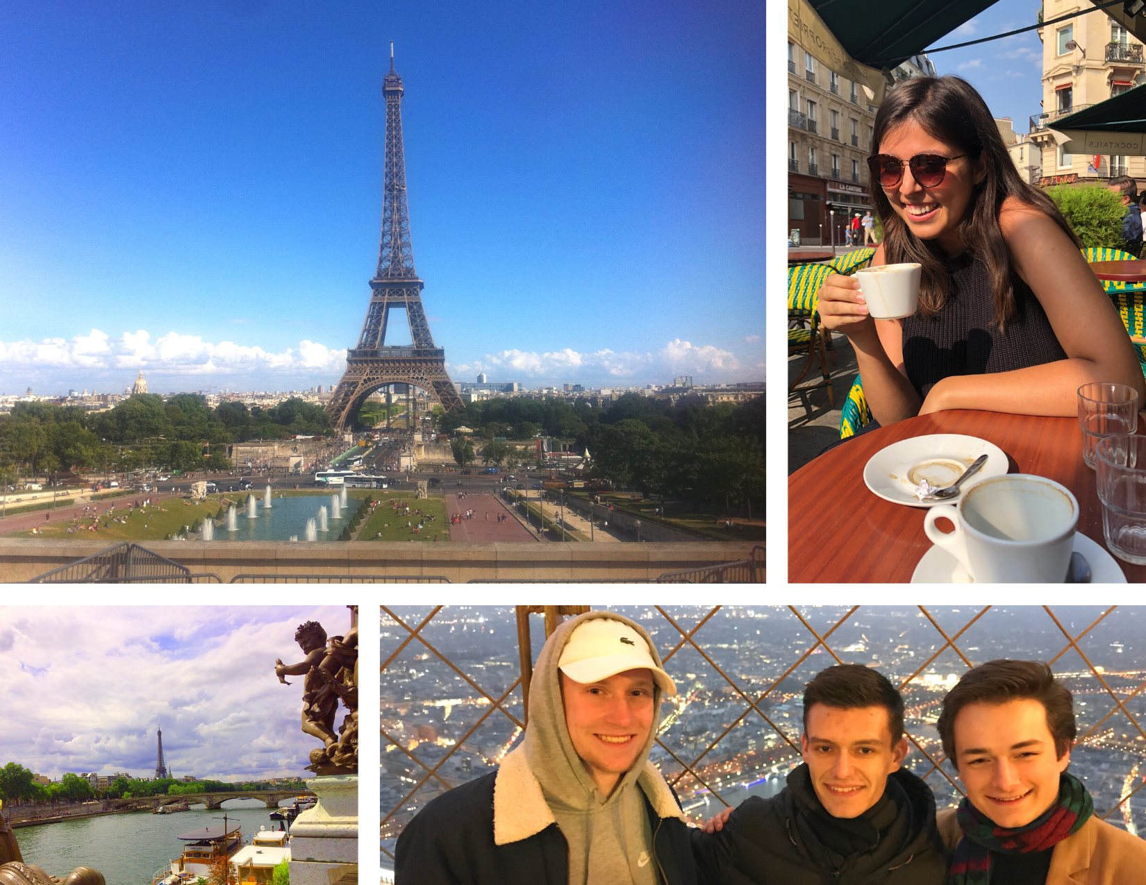 A collage of four images: The Eiffel tower, a person sitting at an outdoor café drinking coffee, a scenic view of Paris, and a close-up of three people standing together.