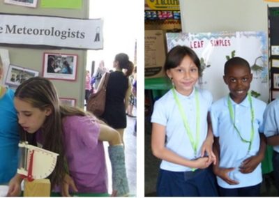 Two photos of elementary school students standing in front of meteorology and leaves project posters.