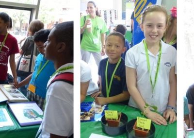 Three photos of elementary school students and their projects on Ponds, Plants and Going Green.