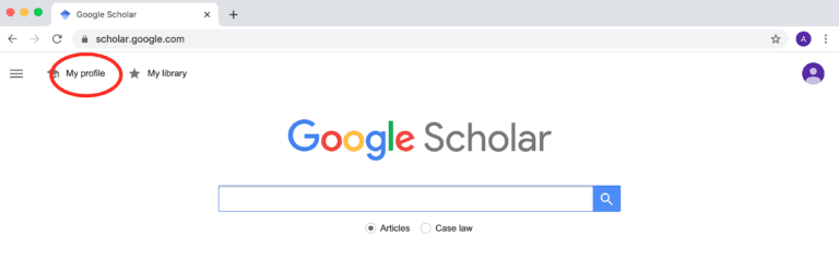 Google Scholar - My Profile Screenshot of Google Scholar with My Profile link circled in red.