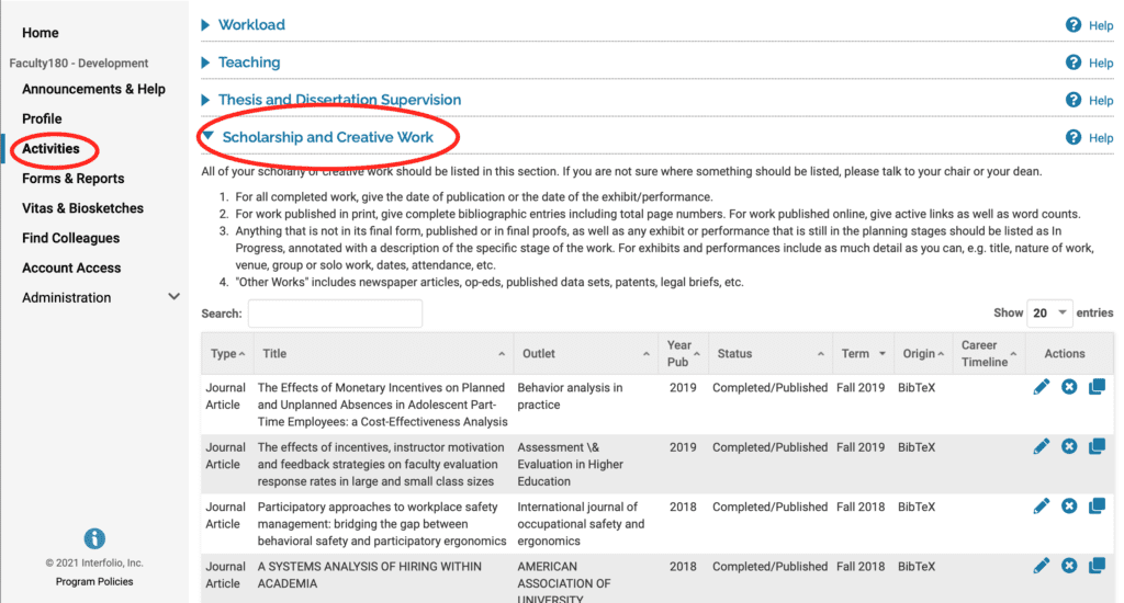 Activities and Scholarship and Creative Work Screenshot of the links Activities and Scholarship and Creative Work circled in red.