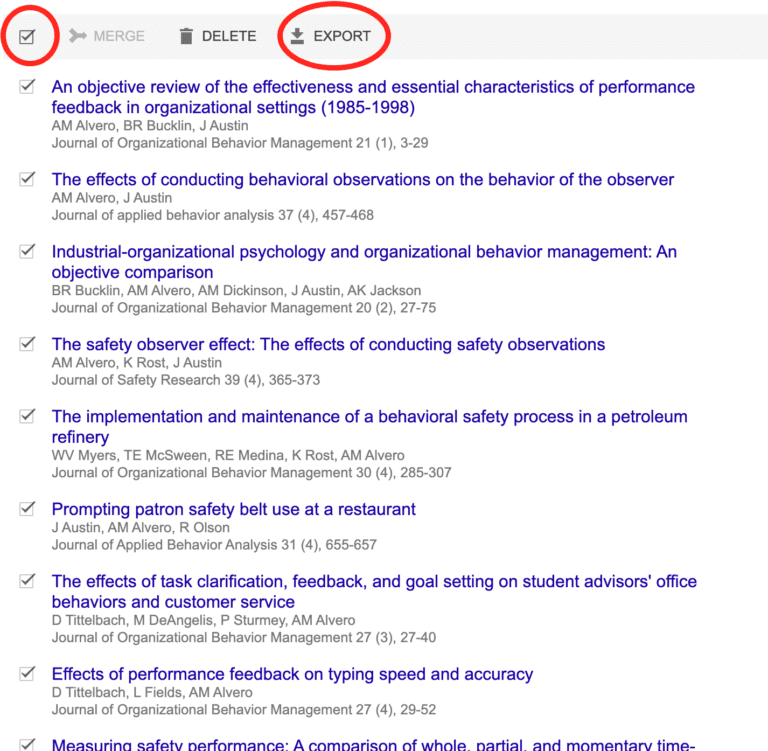 Check box and Export link Screenshot indicating the check box and Export link circled in red.