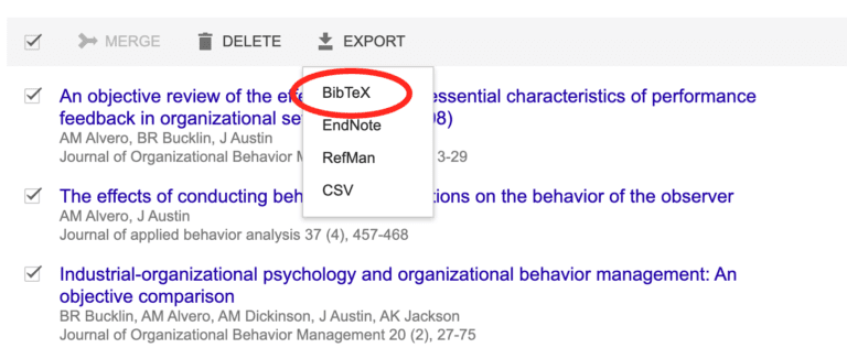 BibTex link in dropdown menu. Screenshot indicating BibTex link from the dropdown menu.