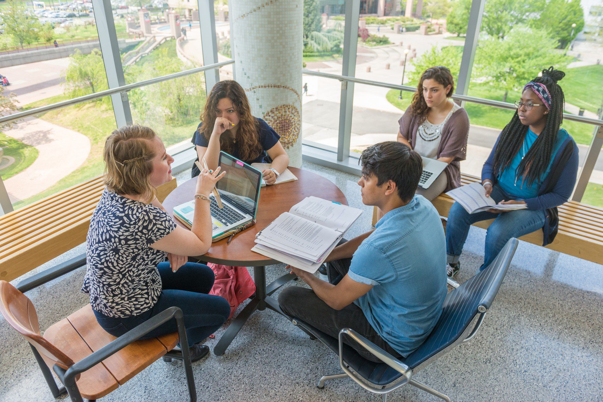 Students studying inside the Sciences Building 