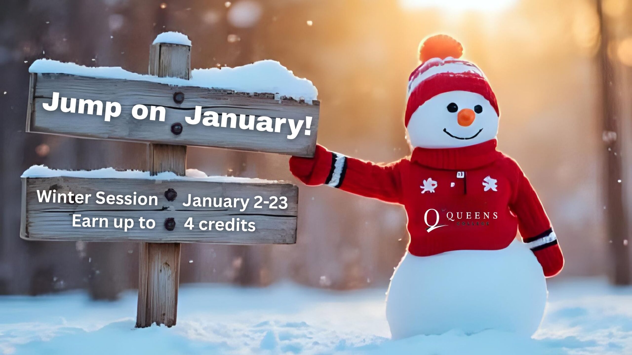 A view of Queens College Campus during the winter. The ground is lightly covered in snow.