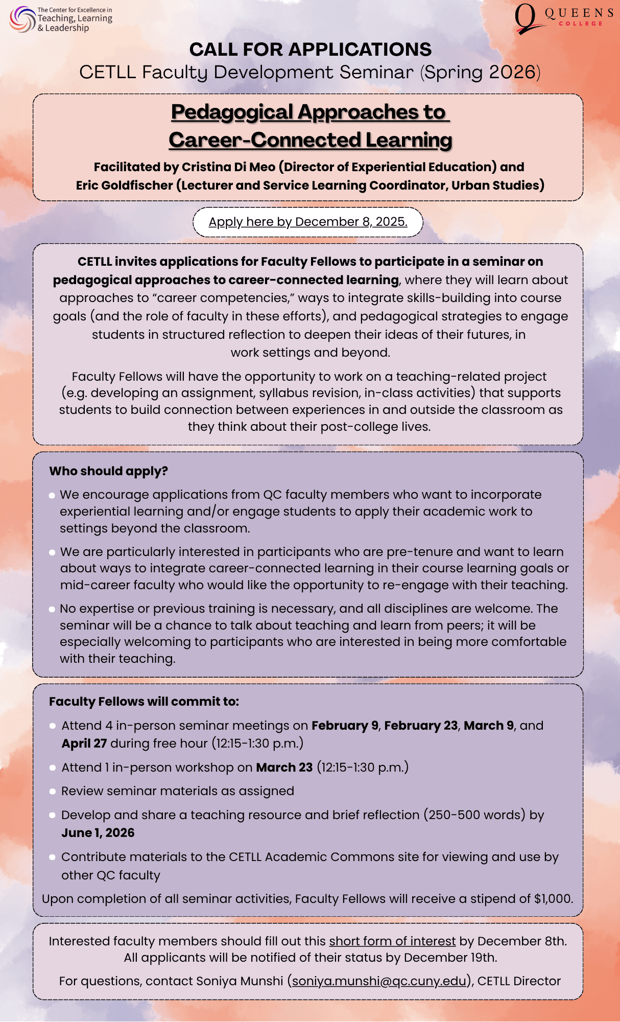 Flyer for CETLL's Faculty Development Seminar: Pedagogical Approaches to Career-Connected Learning.