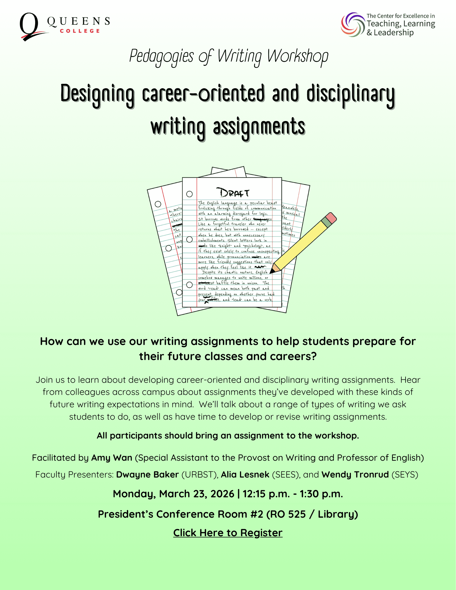 Flyer for Pedagogies of Writing Workshop in March 2026.