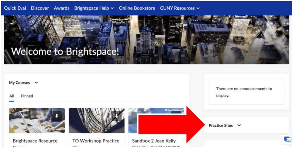 CUNY Brightspace Homepage with Practice Site widget on the right.