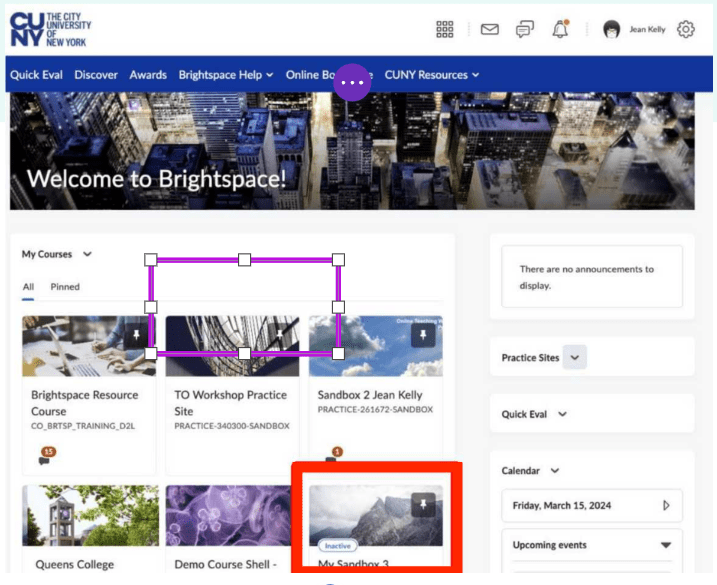 the newly created site will appear under “My Courses” on the left side of the CUNY Brightspace home page.