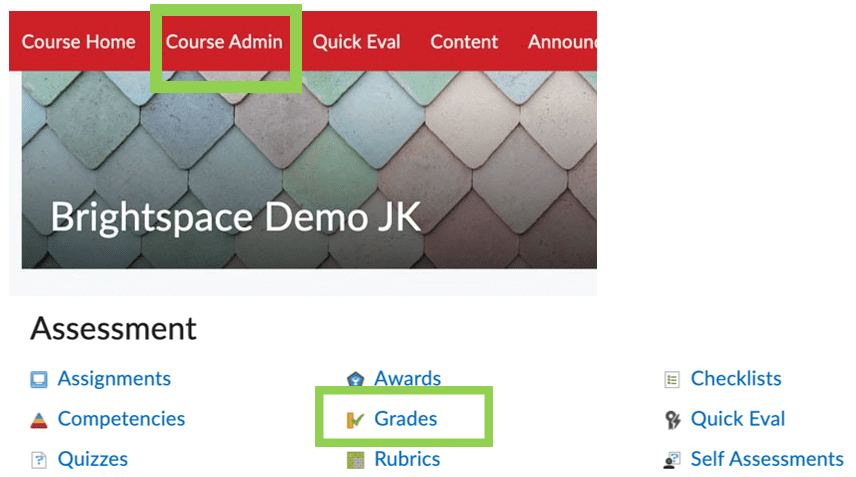 Brightspace interface showing a red navigation menu and then sections like "Assignments" and "Grades," with some options highlighted in green