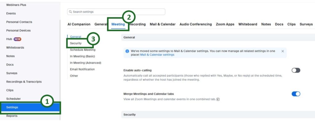 Navigating to Zoom security settings