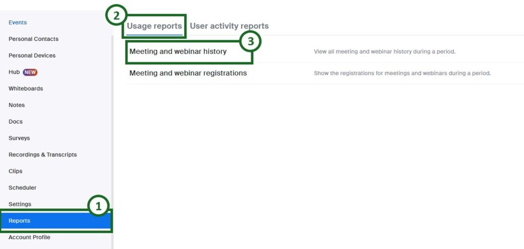 Reports button; usage reports; and Meeting and webinar history tabs in Zoom dashboard.