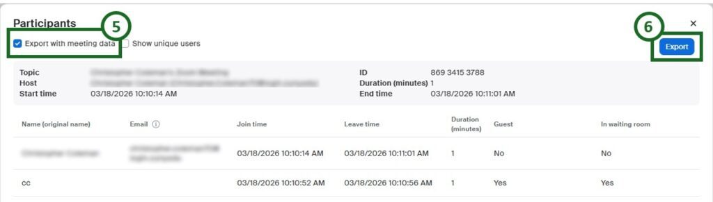 Zoom meeting participants and Export button.