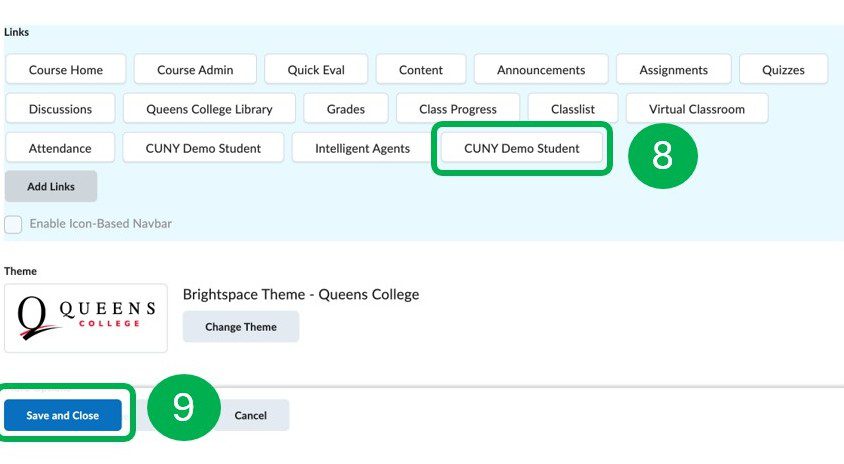 CUNY Demo Student highlighted in Edit Navbar menu, Save and Close button highlighted.
