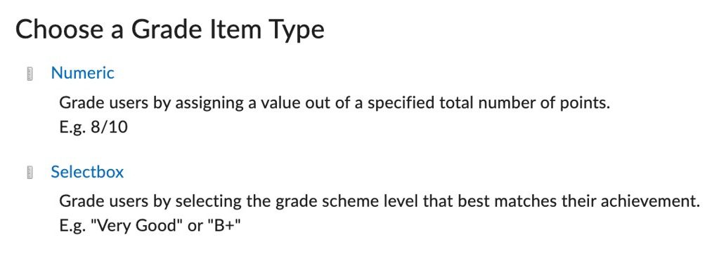 Grade Item Types include Numeric (8 out of 10) and Selectbox ("very good" or "B+")