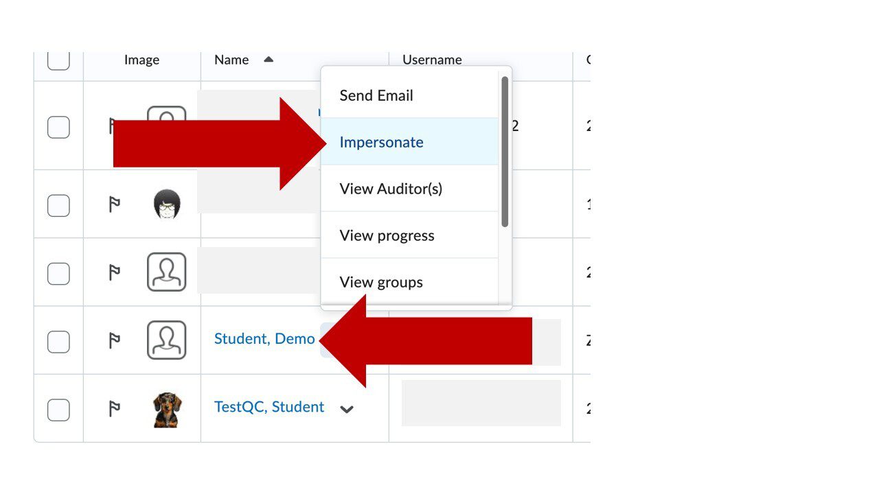 Classlist menu, Demo student with arrow highlighted. Drop down menu with "Impersonate" highlighted.