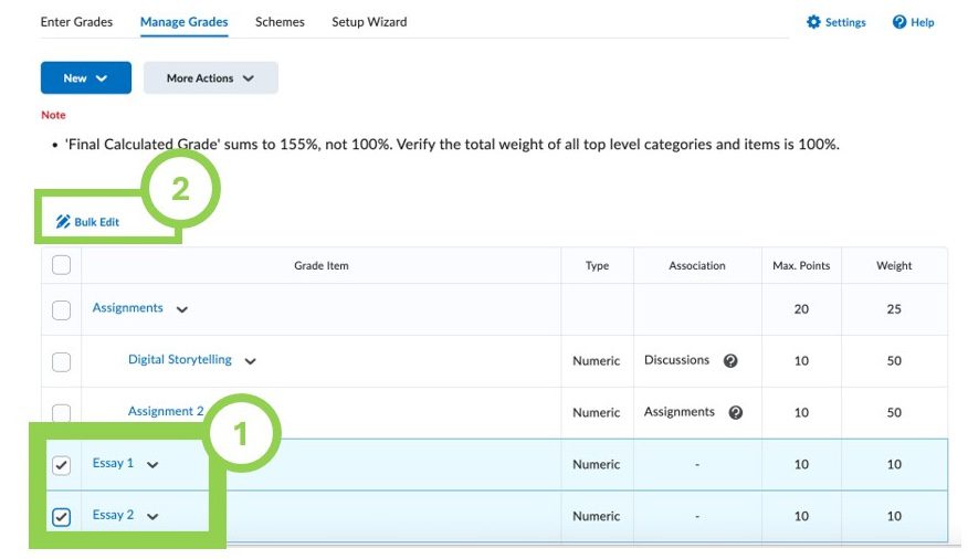Interface of a grade management system with highlighted options for bulk editing grades and verifying grade weights.