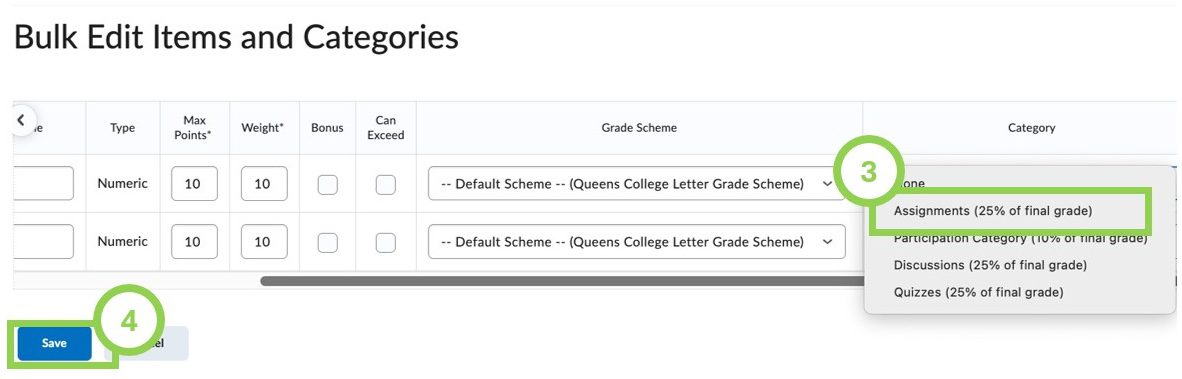 Screenshot of a grade management interface showing options for editing items and categories with selected dropdowns and highlighted step