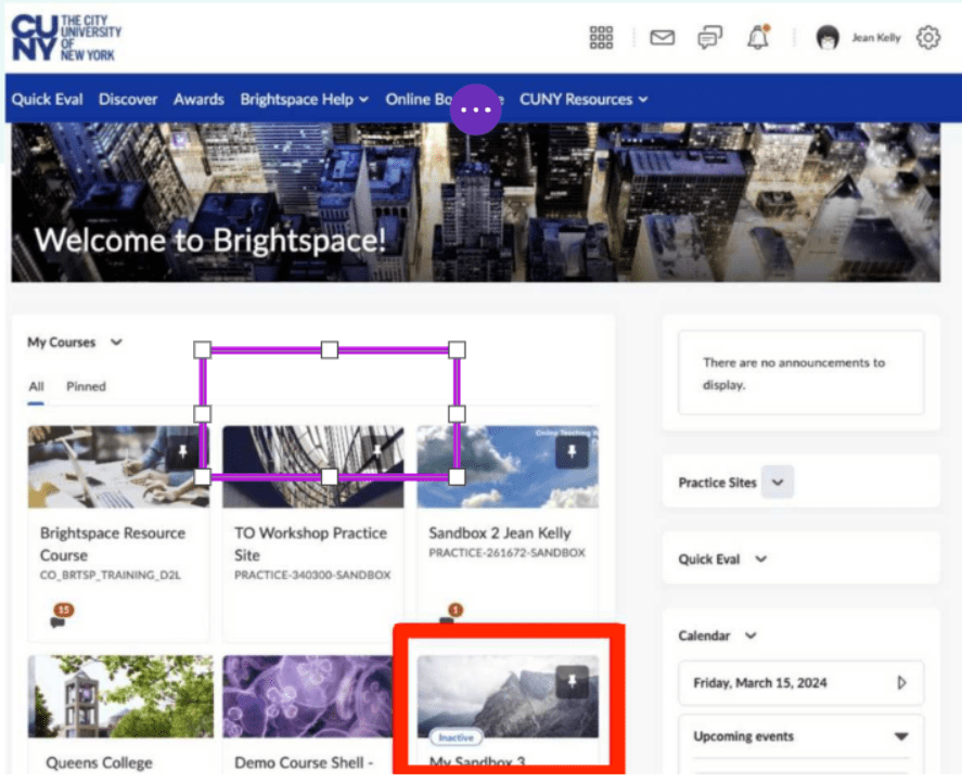 the newly created site will appear under “My Courses” on the left side of the CUNY Brightspace home page.