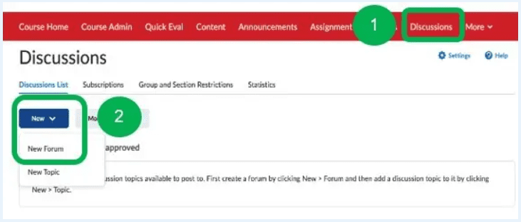 Discussions page with "New" menu with "New forum" highlighted.