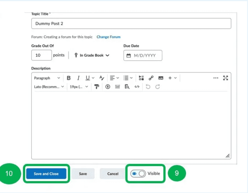 "Visible" button and "Save and Close" button highlighted