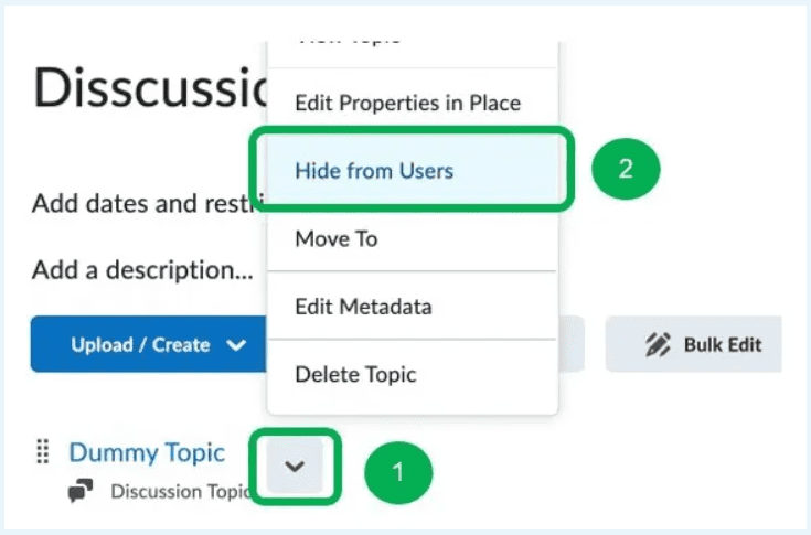 Custom Discussion topic chevron highlighted, "Hide from User" button highlighted