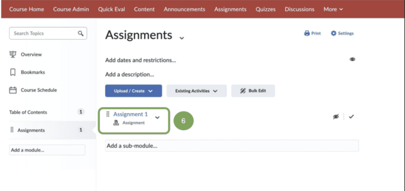 "Assignment 1" in Content tab