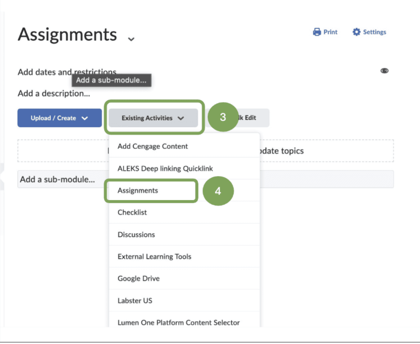 Existing Activties Drop down menu with Assignments Highlighted