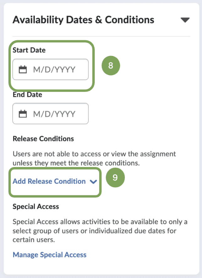Availability Dates & Conditions tab with markings for Date, and Add New Condition fields
