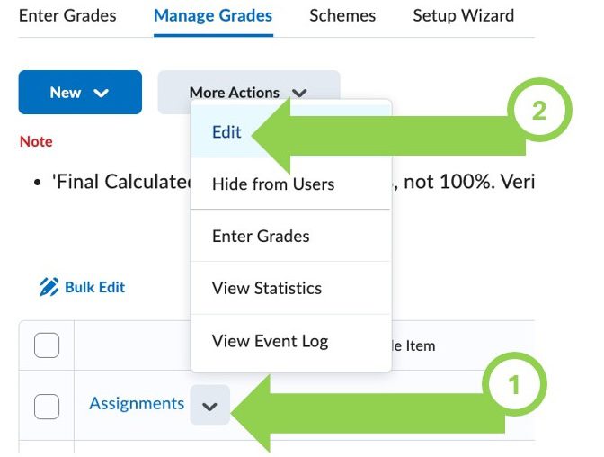 Grade item showing Edit in pop-up menu.