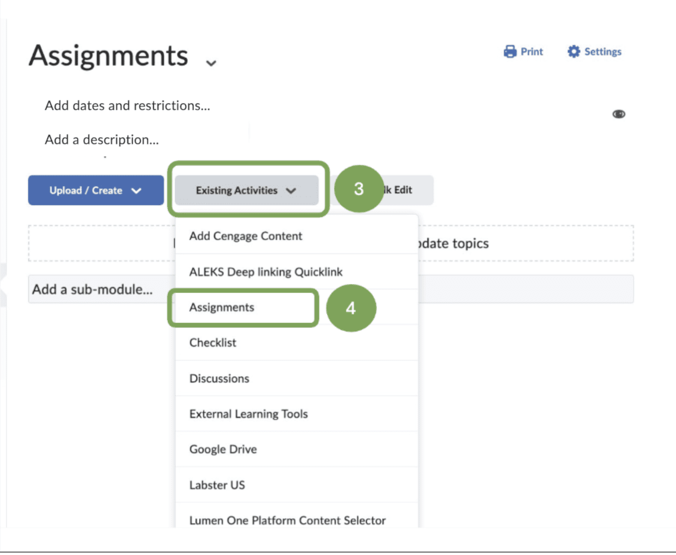 Existing Activties Drop down menu with Assignments Highlighted