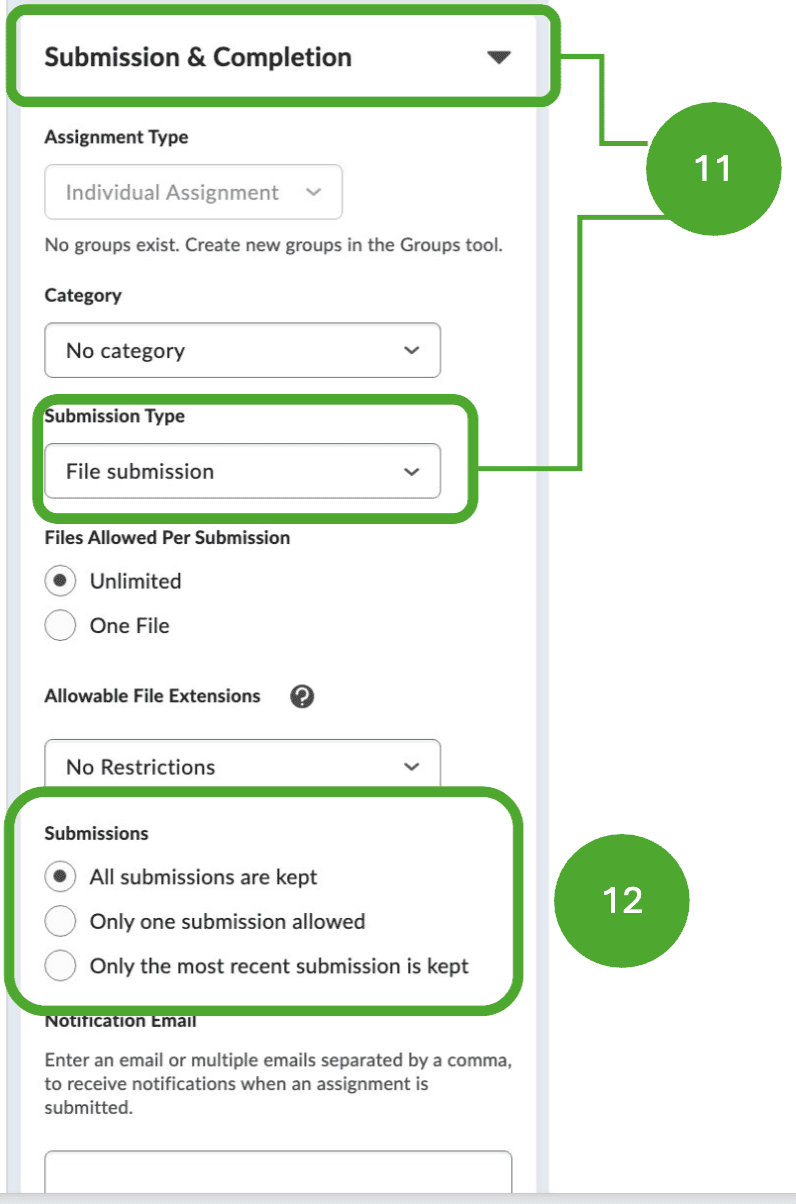 Submission and Completion tab with Category field highlighted 