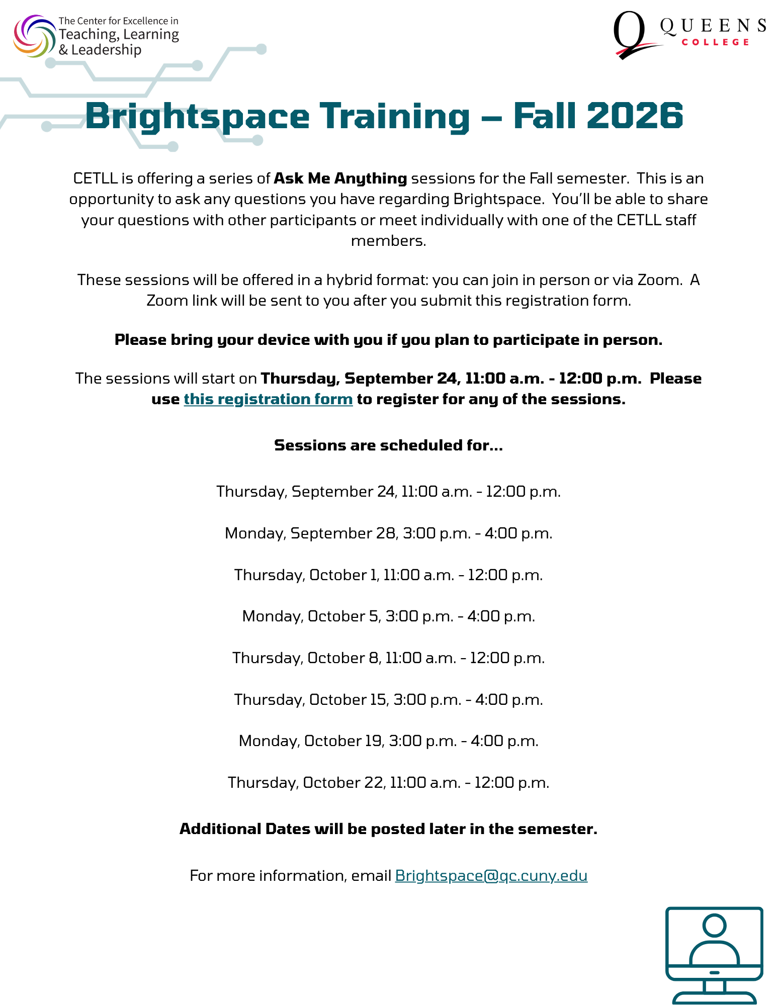 CETLL_BrS Training Fall 2026_9.3.26 Flyer for CETLL's Fall 2026 Brightspace Trainings.