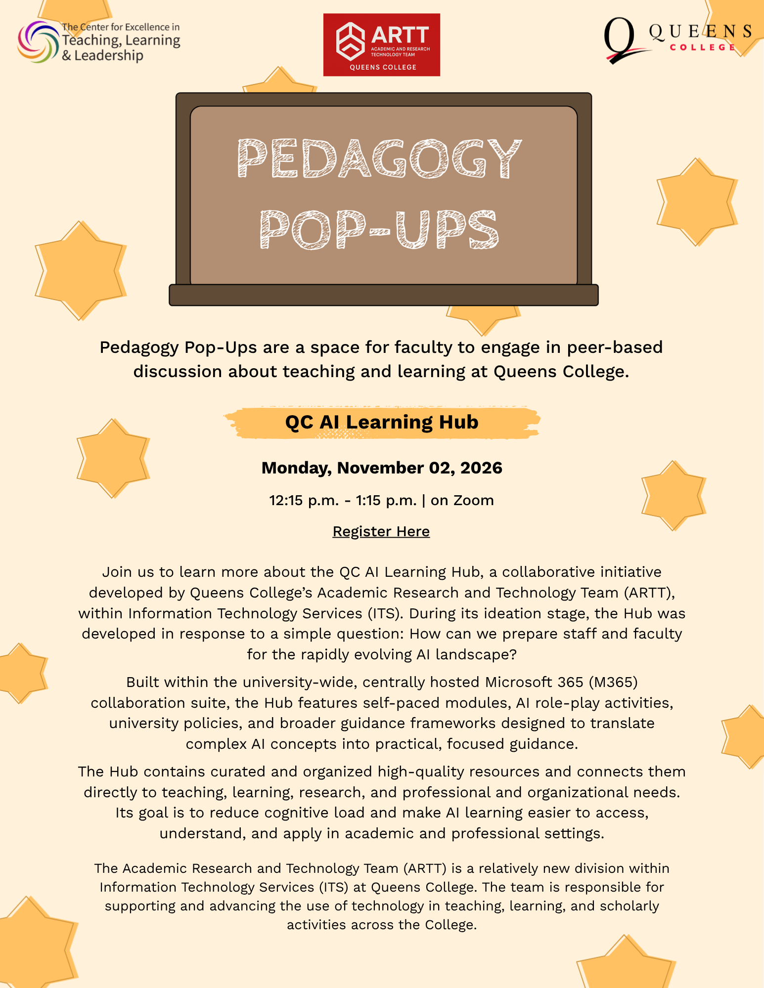 CETLL_Pedagogy Pop-Ups AI Hub_v5_11.02.26 Flyer for CETLL's QC AI Learning Hub Pedagogy Pop-Up.