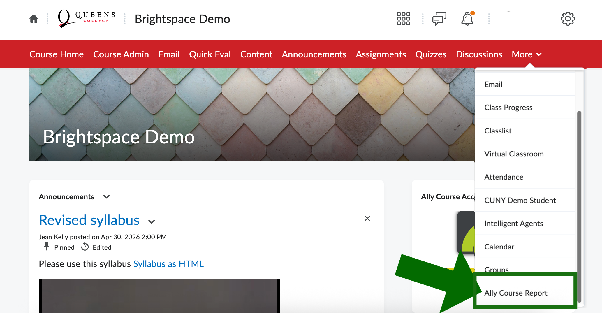 Home page of a Brightspace course showing Ally Course Report under More in the Navigation bar.