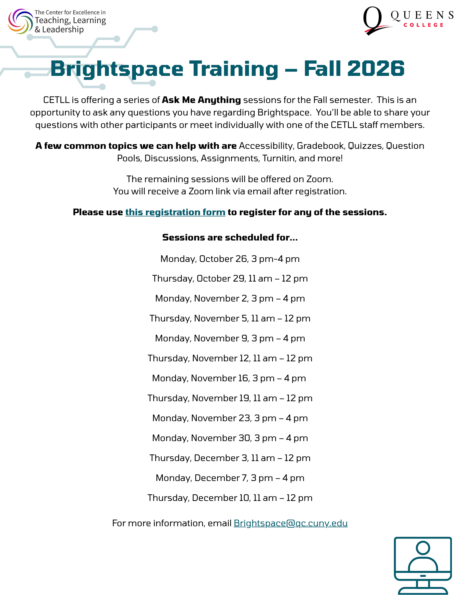 CETLL_Brightspace Trainings Oct 26 Onwards_v2_10.22.26 Brightspace Training Flyer