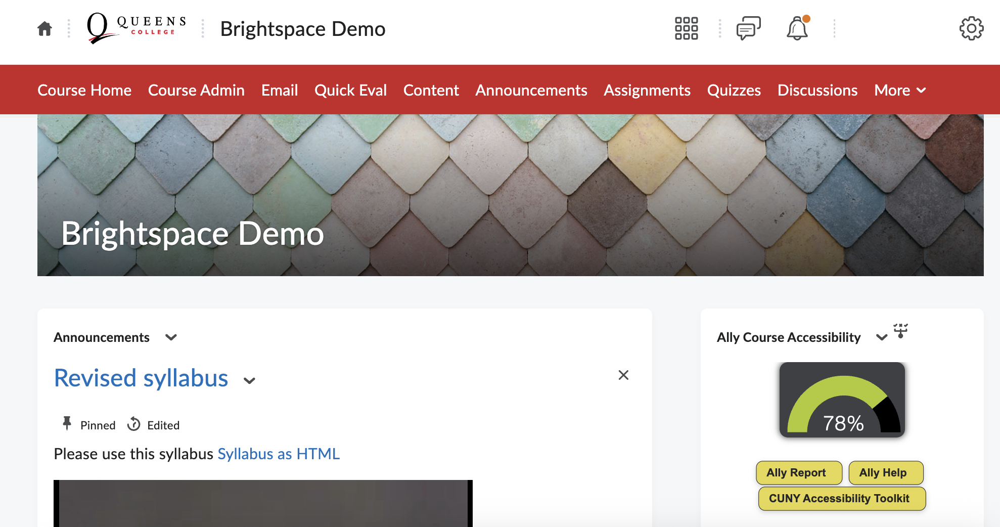 Brightspace course home page with Ally Course Accessibility widget with a 78% score.