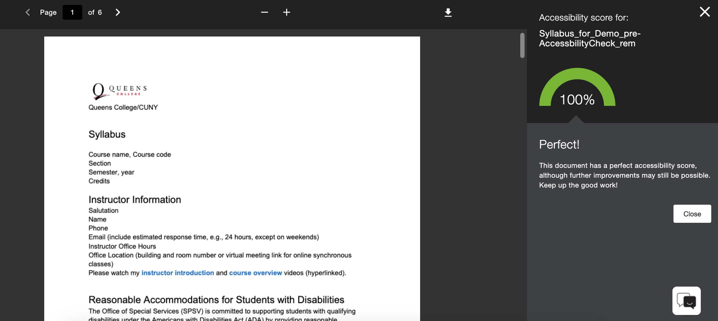 Remediated Word doc with a 100% accessibility score.
