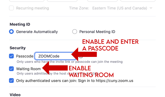 Checkboxes and field to Enable and enter passcode and Enable Waiting Room