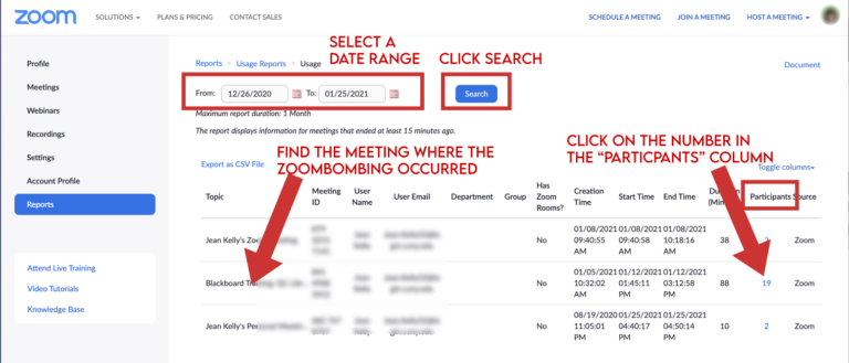 Date range settings, list of meetings by date, participants list