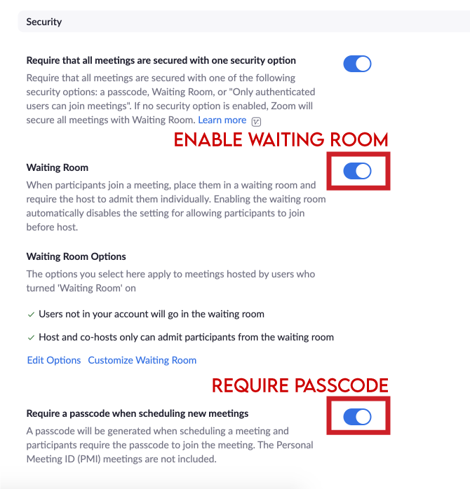 Buttons to enable waiting room and require passcode