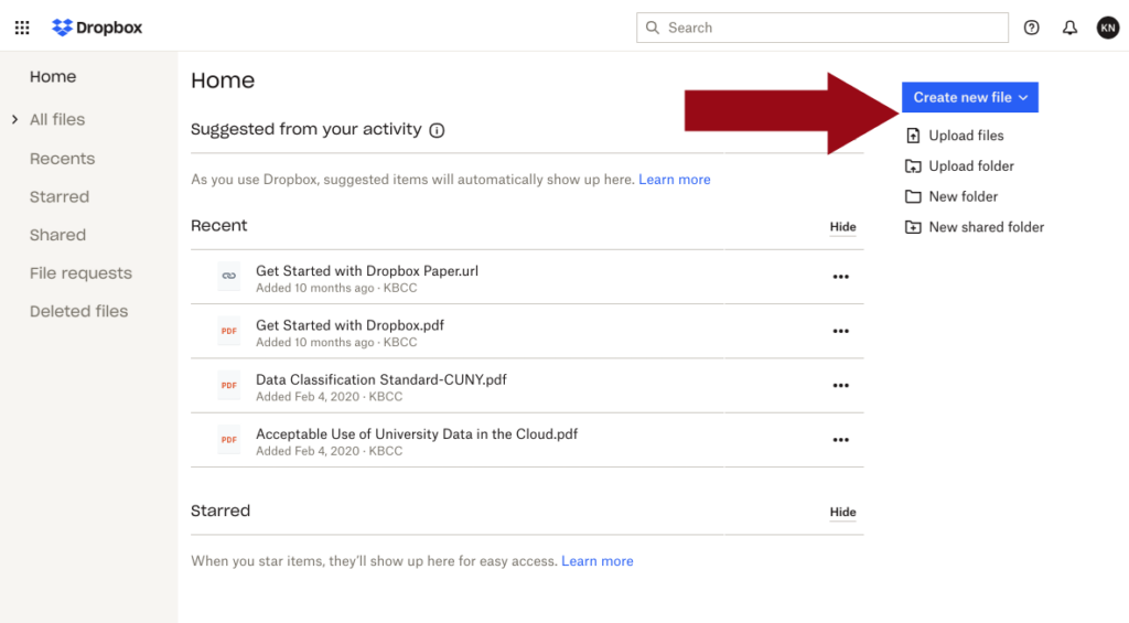 Dropbox upload interface with Create new file button