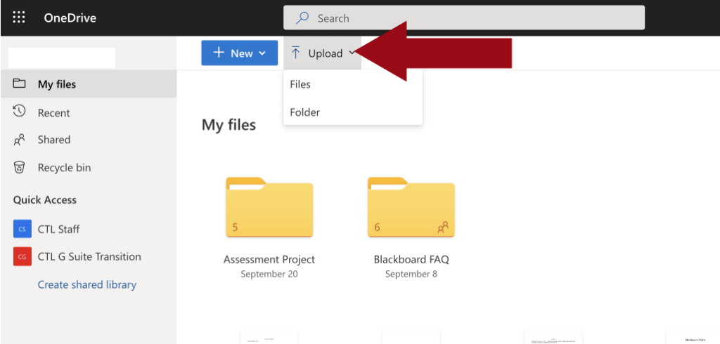 OneDrive upload interface showing Upload button